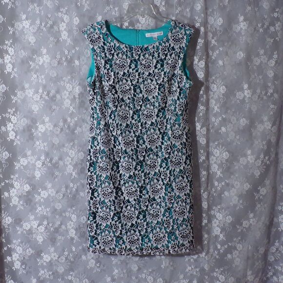 Floral Shift Dress Size 14 Teal White Black Lace Pencil Pinup Retro Style Boho - Picture 1 of 5